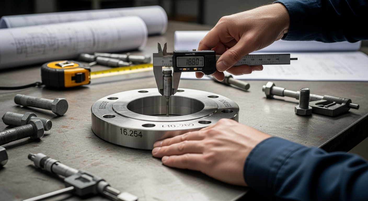 Engineer measuring piping flange dimensions with caliper for accurate steel pipe flange identification in an industrial workshop.
