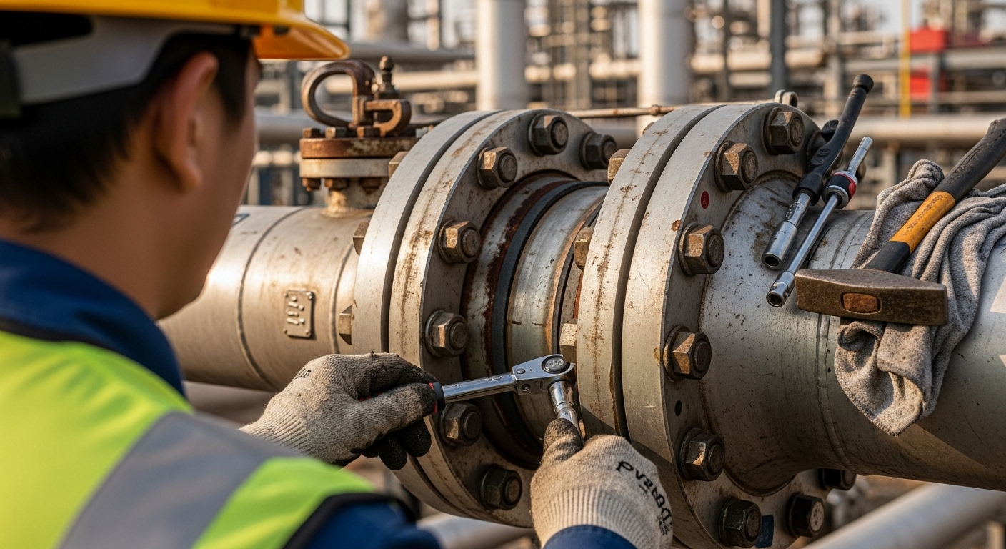 An engineer using a calibrated torque wrench to check the tightness of bolts on a large, industrial steel pipe flange.